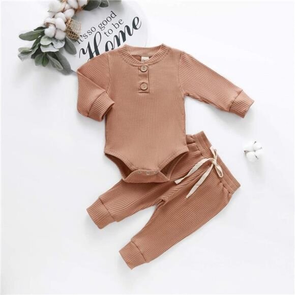 Baby Knitted Cotton Long Sleeve Romper Long Pants Solid Color Fall Winter Outfit - Picture 2 of 8